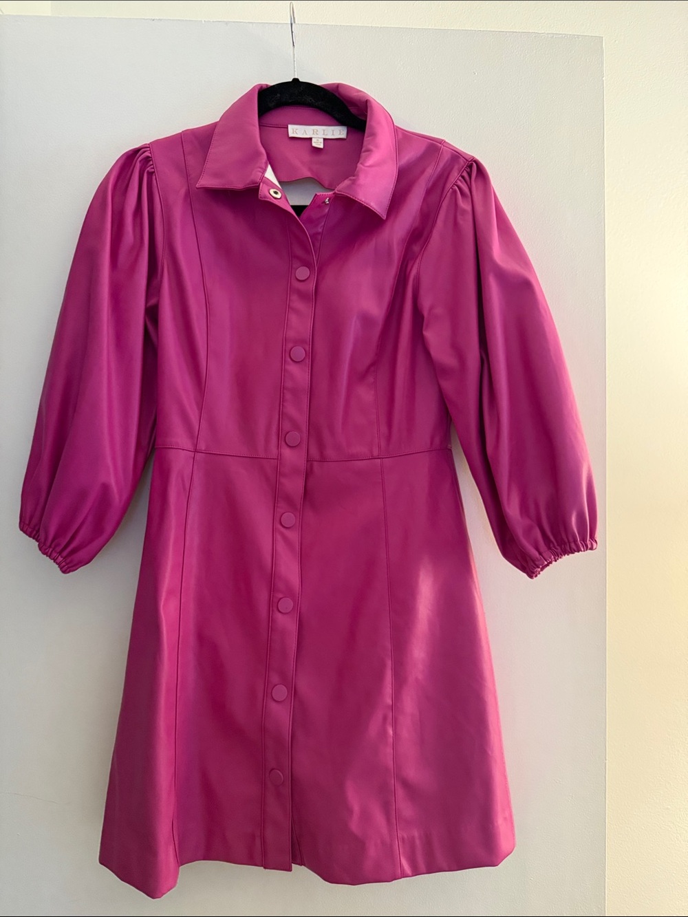 Karlie Fuchsia Button-Front Puff Sleeve Mini Dress (FAUX LEATHER)